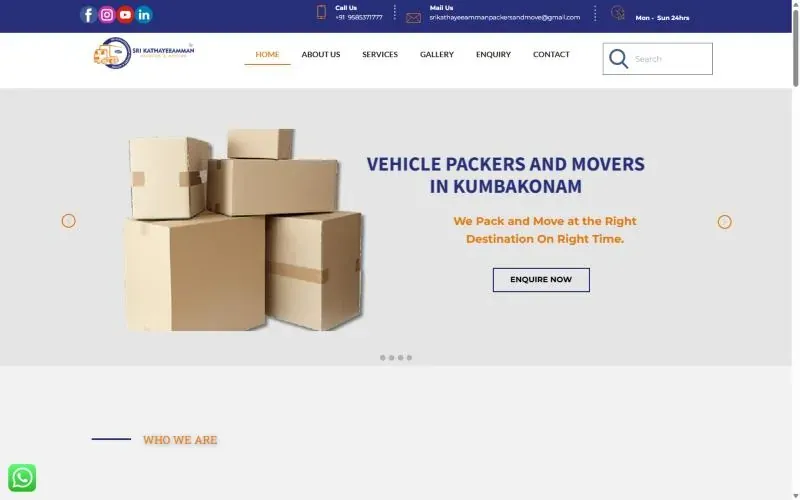 Homepage of the Sri Kathayee Amman Packers & Movers website
