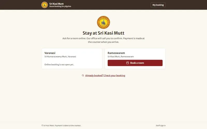 Homepage of the Sri Kasi Mutt — Stay website